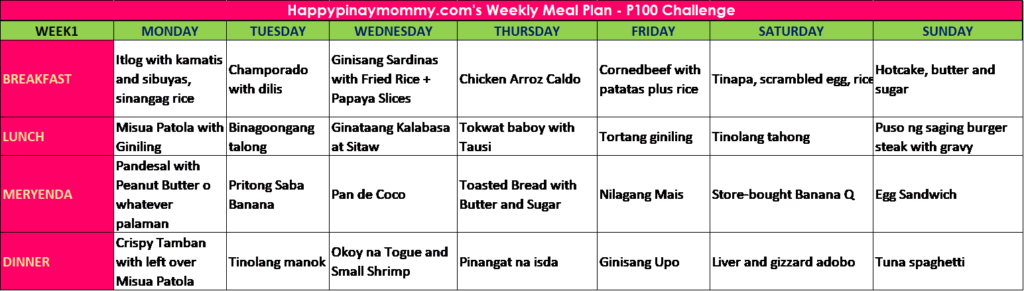 Week #1 Meal Plan: P100.00 Ulam Recipes Month Long Challenge: