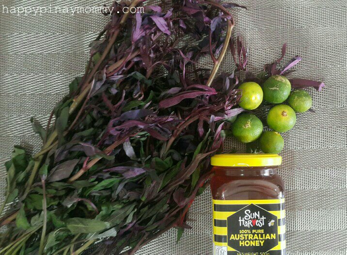 Here are the ingredients for Camote Tops Iced Tea: Red Camote Tops, Honey, and Calamansi.