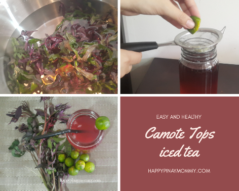 Making Camote Tops Iced Tea is simple. Just wash and boil the leaves, let cool, squeeze a calamansi or two, and then add honey or brown sugar.