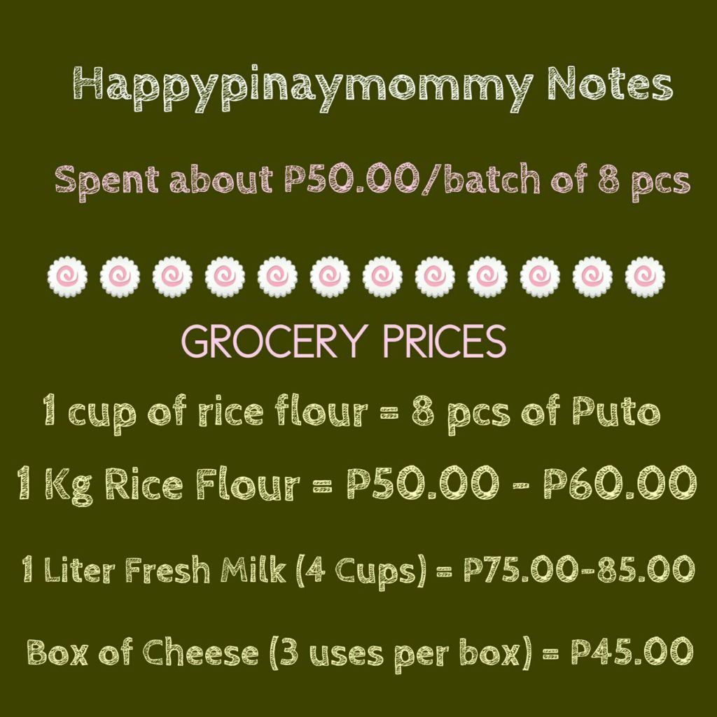 Spent about P50.00 per batch of eight pieces of puto. You may spend more if you do not have some of the ingredients at home, but you get to use them again for another batch and realize savings.