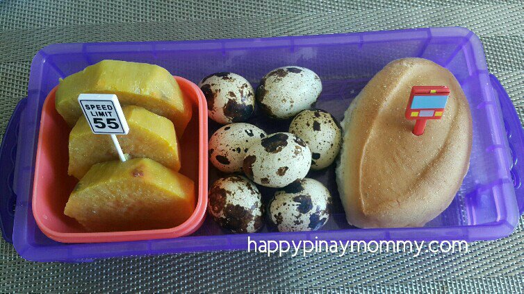 Boiled sweet kamote, plain pandesal, and quail eggs